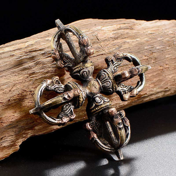 Tibetano hecho a mano 5 puntas doble Dorje cobre hierro Thunderbolt fuerza Vajra