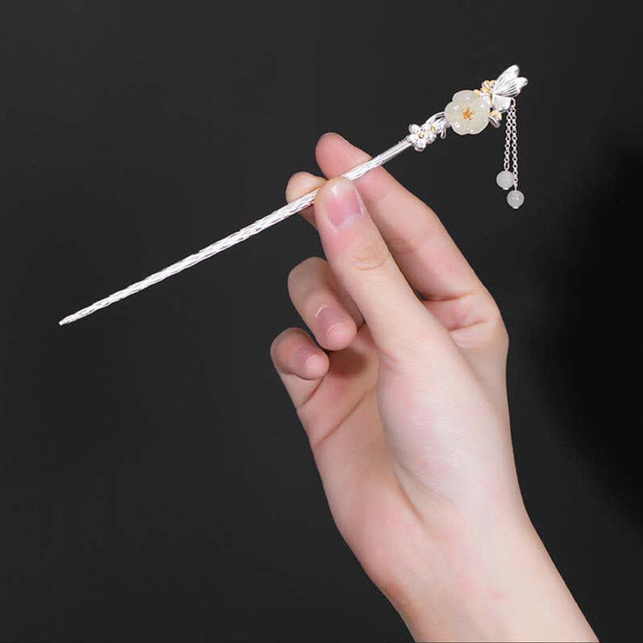 Horquilla de bendición de flor de jade blanco hetiano de plata de ley 925