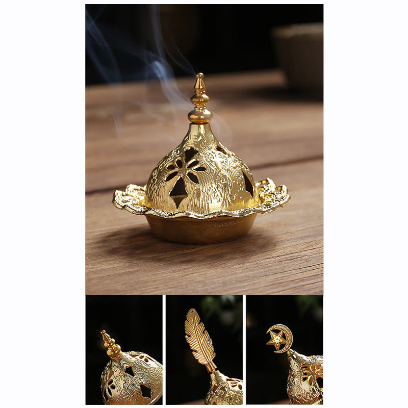 Quemador de incienso de Metal de aleación, Mini meditación espiritual, pluma de estrella de calabaza dorada