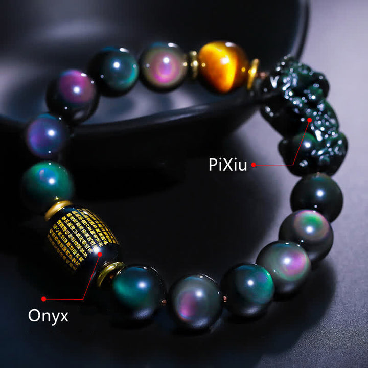 Pulsera positiva con Buddha Stones FengShui PiXiu, obsidiana arcoíris, ónix negro, ojo de tigre
