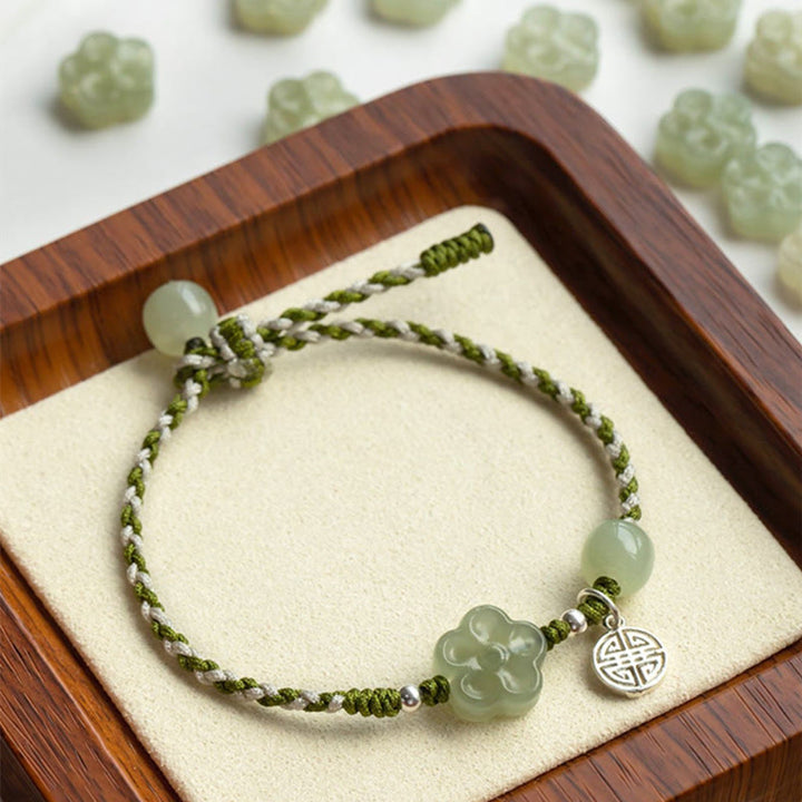 Pulsera trenzada hecha a mano con Buddha Stones , flor de ciruelo, flor de Jade, suerte y prosperidad