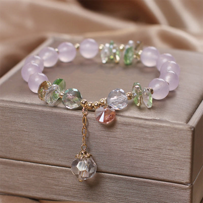 Pulsera con dije de paz y cristal rosa con ojo de gato y Buddha Stones - Calcedonia púrpura - image 9