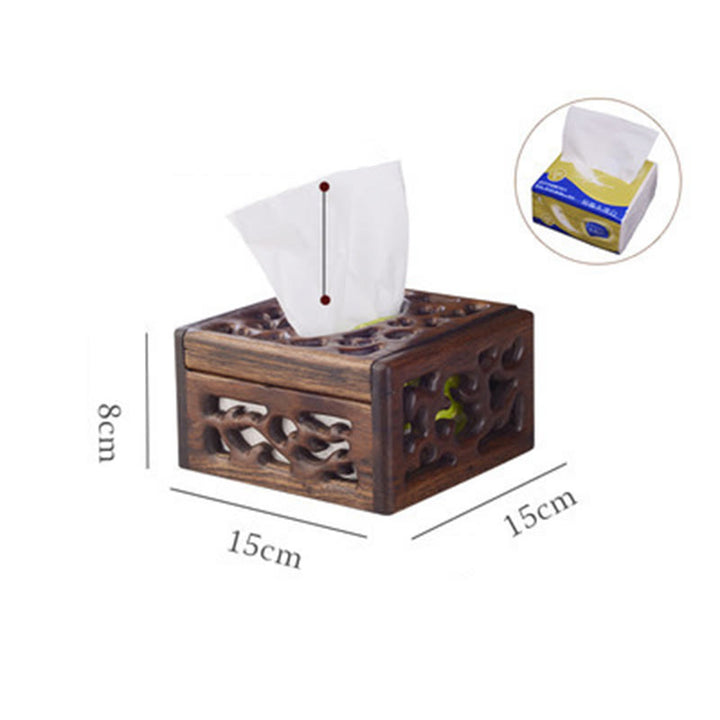 Caja de pañuelos de madera Retro, soporte de pañuelos de madera grabado, cajas de toallitas, decoración - 15 x 15 x 8 cm - Capacidad para 100 pañuelos - image 4
