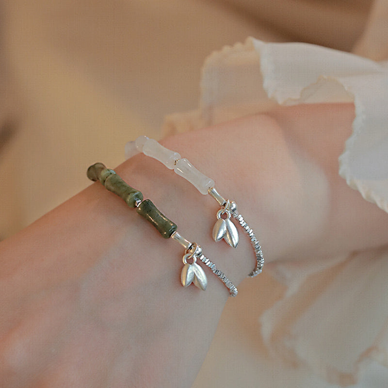 Pulsera de la suerte con patrón de bambú y peridoto de plata de ley 925 con Buddha Stones