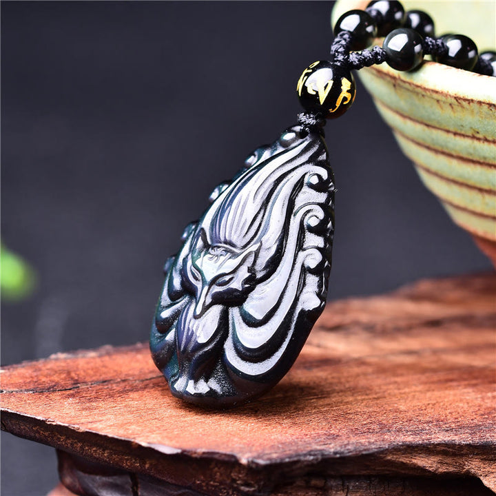 Buddha Stones, obsidiana arcoíris Natural, zorro de nueve colas, collar de paz interior, colgante de cadena con cuentas