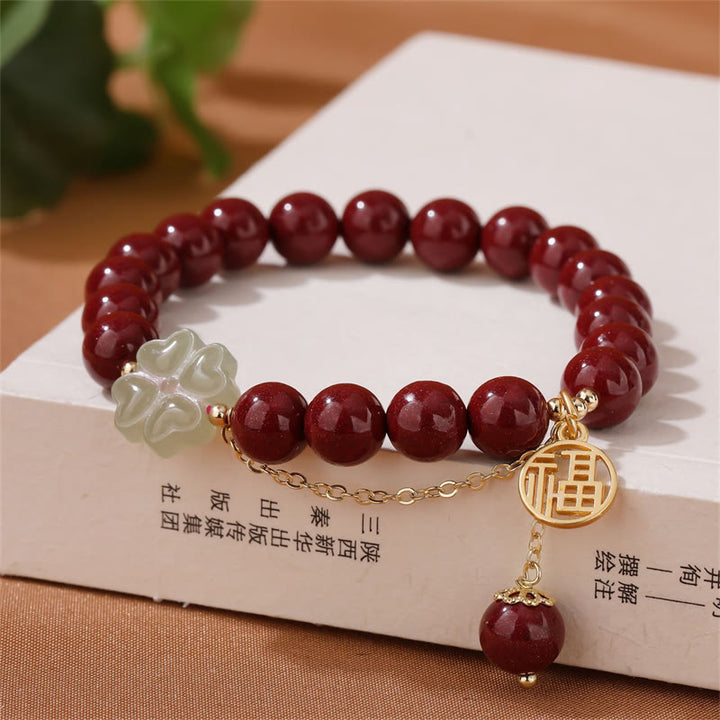 Pulsera de bendición con trébol de cuatro hojas de la suerte, Jade hetiano, cinabrio, Buddha Stones