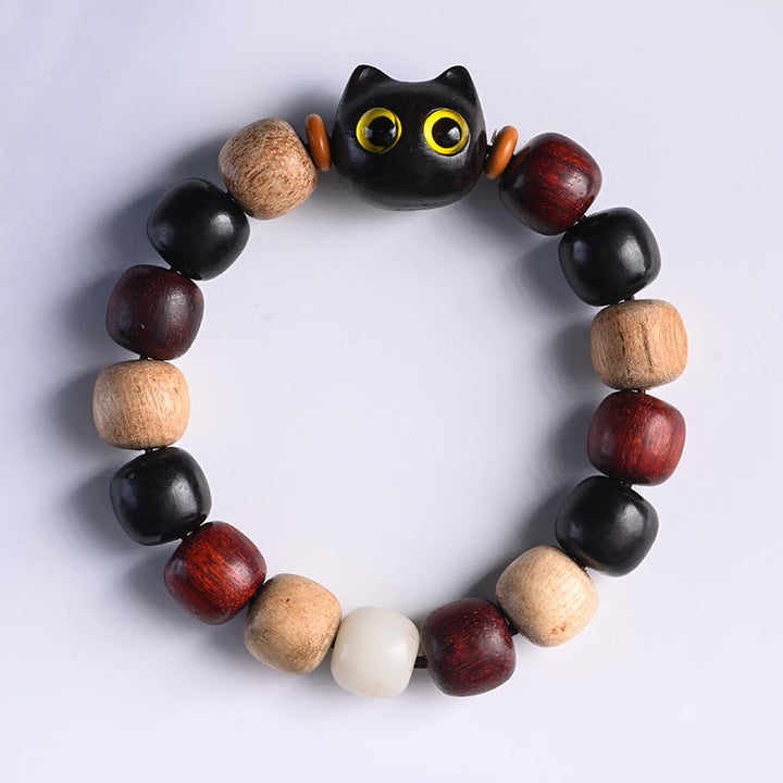 Pulsera de protección con grabado de gato lindo de madera de ébano de sándalo rojo de hoja pequeña con Buddha Stones - image 4