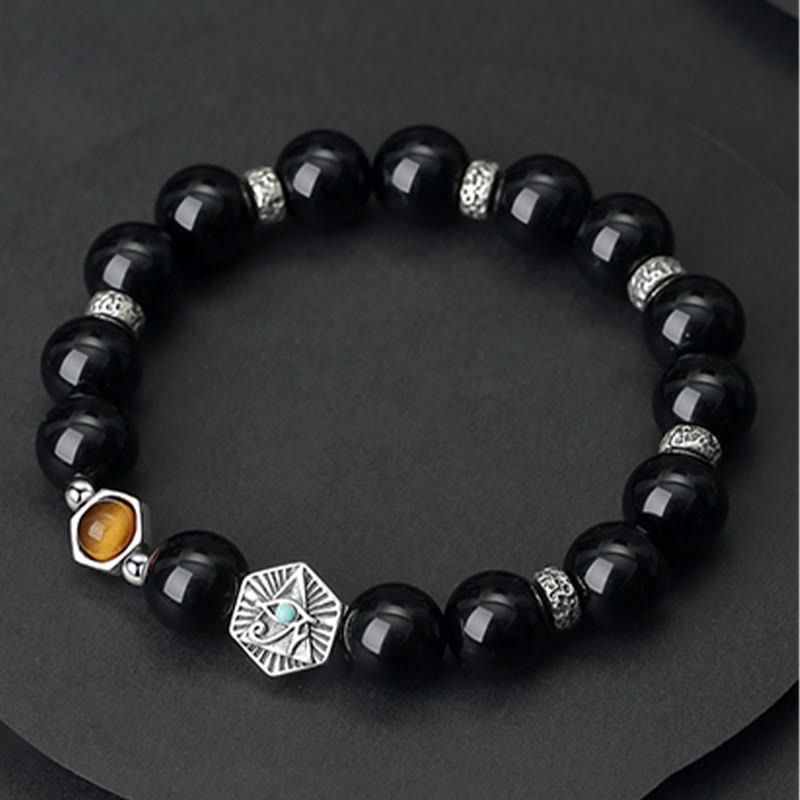 Pulsera de purificación de ojo de tigre de obsidiana negra de plata de ley 925 con Buddha Stones