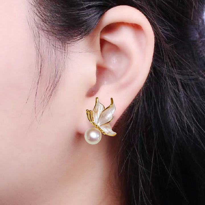 Pendientes de plata de ley 925 con Buddha Stones , chapados en cobre, oro, perlas naturales, mariposa, sabiduría