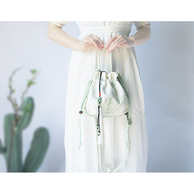 Bolso de hombro de lona con flores bordadas hechas a mano con Buddha Stones