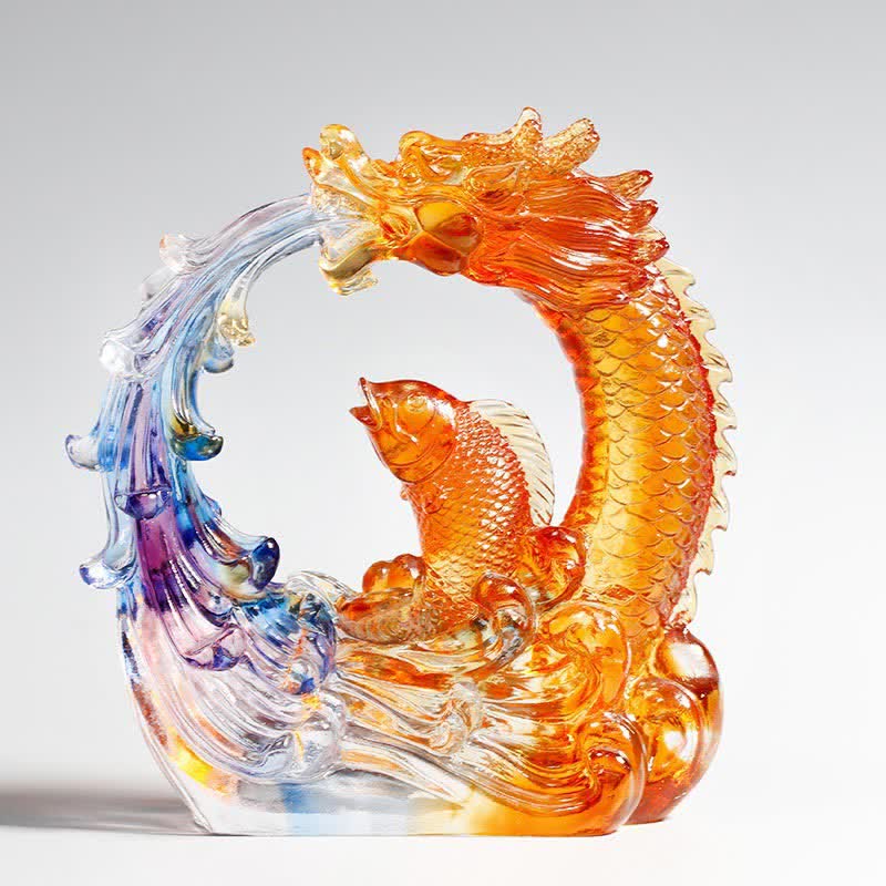 Buddha Stones Feng Shui Dragón Koi Pez hecho a mano Liuli Crystal Art Piece Decoración de la Oficina del Hogar - Dragón y pez koi - image 0