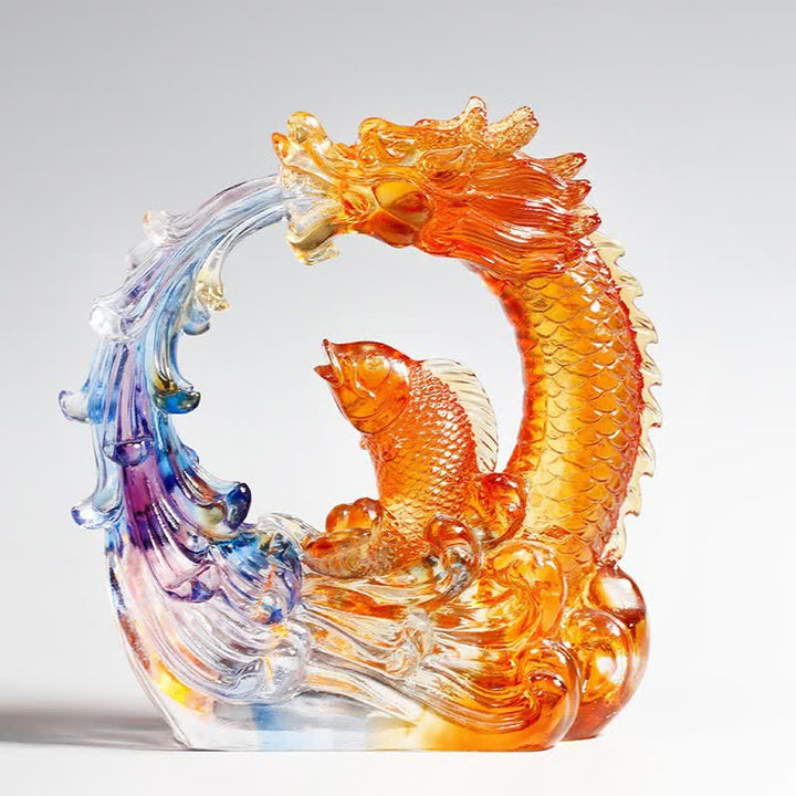 Buddha Stones Feng Shui Dragón Koi Pez hecho a mano Liuli Crystal Art Piece Decoración de la Oficina del Hogar - Dragón y pez koi - image 0