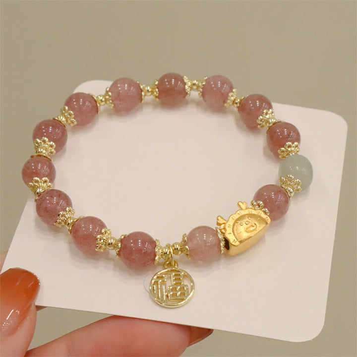 Buddha Stones Año del Dragón Ágata roja Cuarzo fresa Obsidiana negra Jade Granate Perla Cinabrio Bola de masa Dragón Suerte Fu Pulsera con personajes