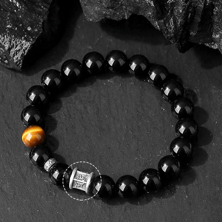 Pulsera de cumplimiento Om Mani Padme Hum de ojo de tigre de obsidiana negra de plata de ley 999 con Buddha Stones