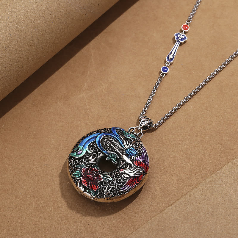Colgante de collar de protección de la suerte con flor de peonía y fénix de Buddha Stones