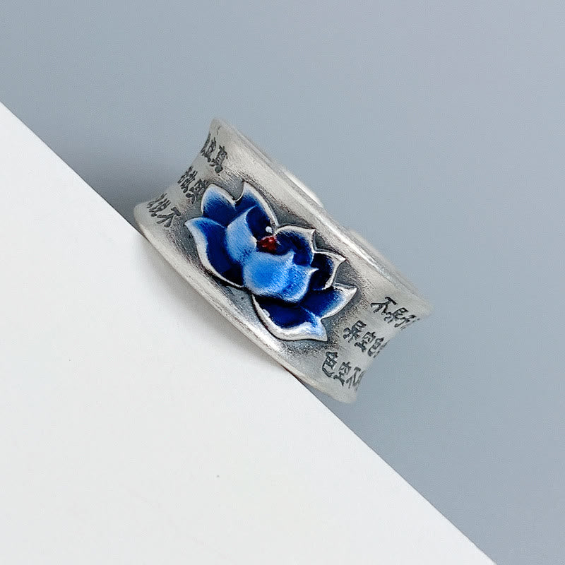 Anillo de iluminación con patrón grabado de Sutra de corazón de flor de loto azul con Buddha Stones