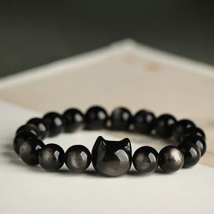 Buddha Stones Obsidiana con brillo dorado Obsidiana con brillo plateado Pata encantadora Pulsera de protección del gato de la suerte - image 14
