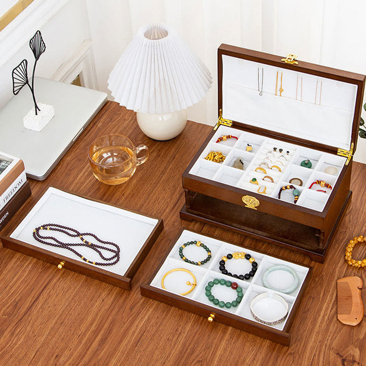 Caja de joyería de madera retro con Buddha Stones, caja de almacenamiento de joyas de tres capas