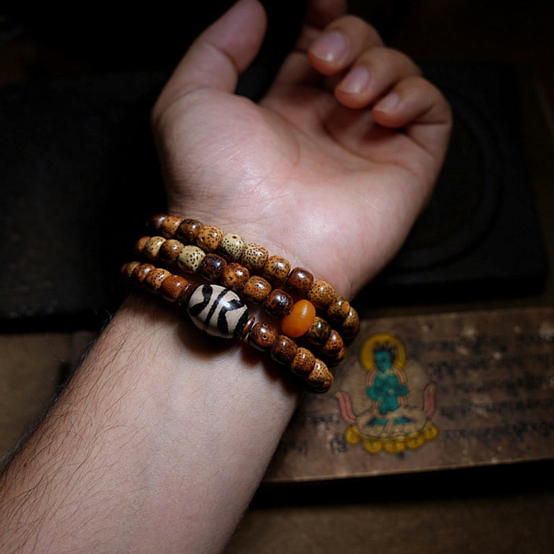 Buddha Stones tibetano Bodhi semilla ámbar Dzi cuentas ágata Zakiram diosa de la riqueza cuentas Triple envoltura pulsera