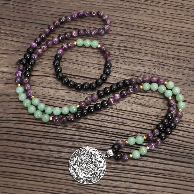Pulsera de meditación con Buddha Stones , 108 cuentas Mala, amatista, aventurina verde, loto - image 13