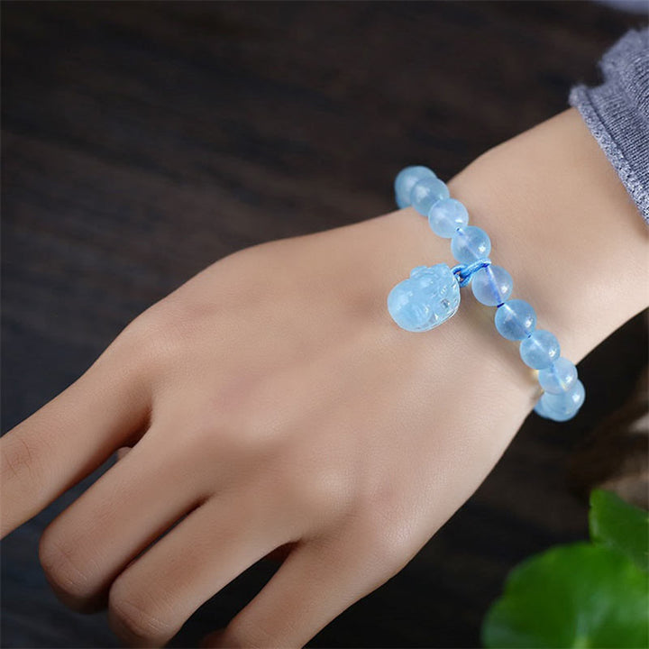 Pulsera con dije curativo de la paz, ámbar, aguamarina natural, Pixiu