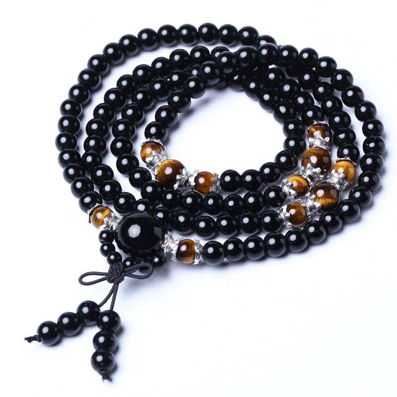 Pulsera Mala de ojo de tigre de obsidiana negra natural con 108 Buddha Stones