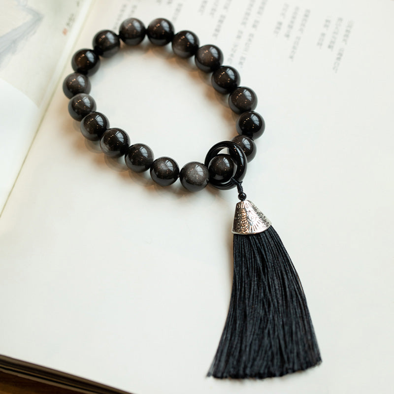 Obsidiana con brillo de plata Natural, León de obsidiana negra, protección Mala para muñeca, borlas, bolsillo, decoración para coche