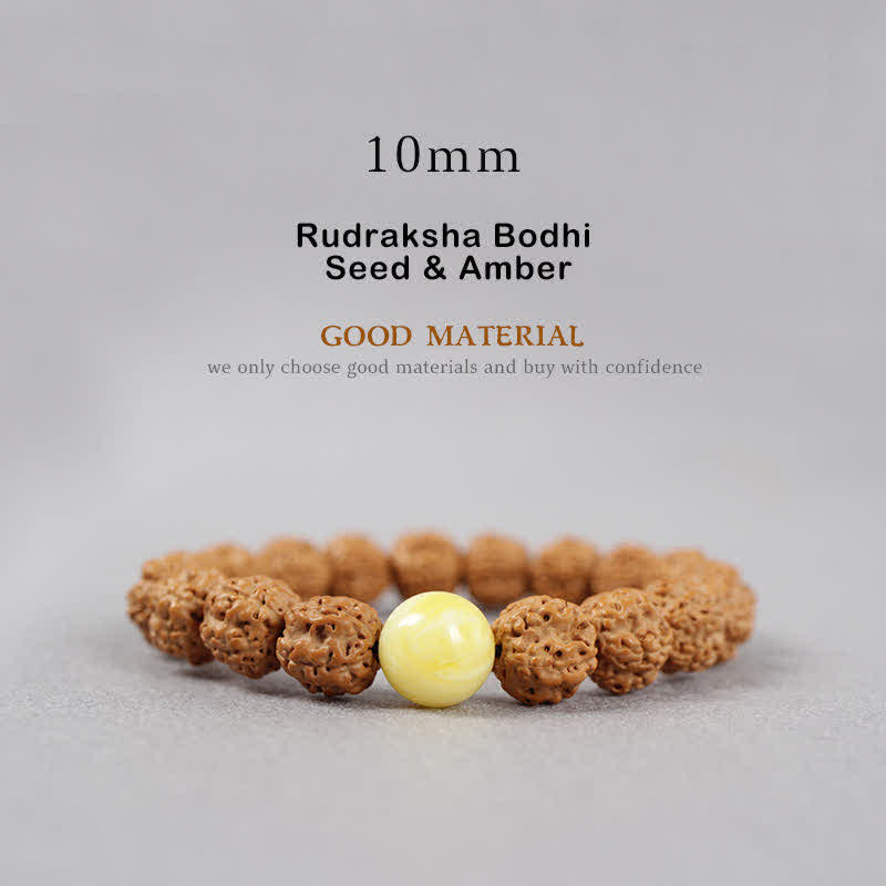 Buddha Stones Tíbet Rudraksha Bodhi Semilla Dzi Cuenta Ámbar Turquesa Pulsera de Riqueza - 10 mm - Semilla de Rudraksha Bodhi y Ámbar - image 12