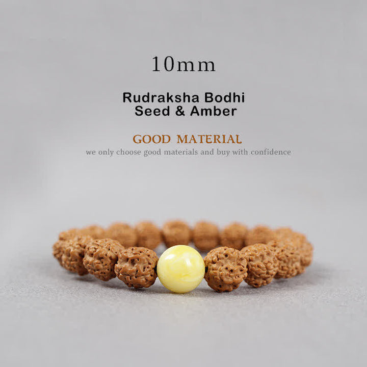 Buddha Stones Tíbet Rudraksha Bodhi Semilla Dzi Cuenta Ámbar Turquesa Pulsera de Riqueza - 10 mm - Semilla de Rudraksha Bodhi y Ámbar - image 12