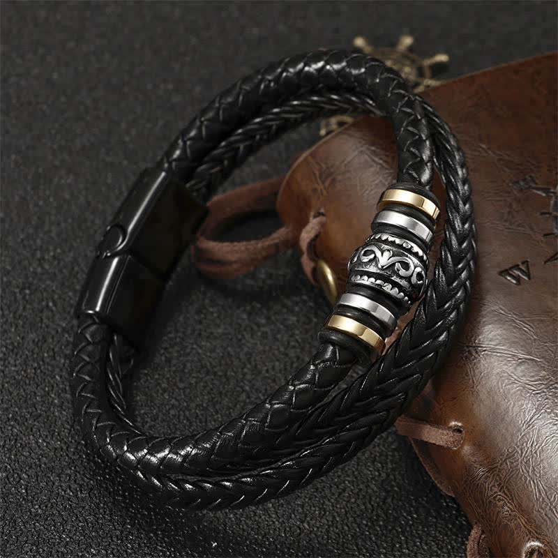 Pulsera trenzada con equilibrio de acero y titanio en capas de cuero con Buddha Stones