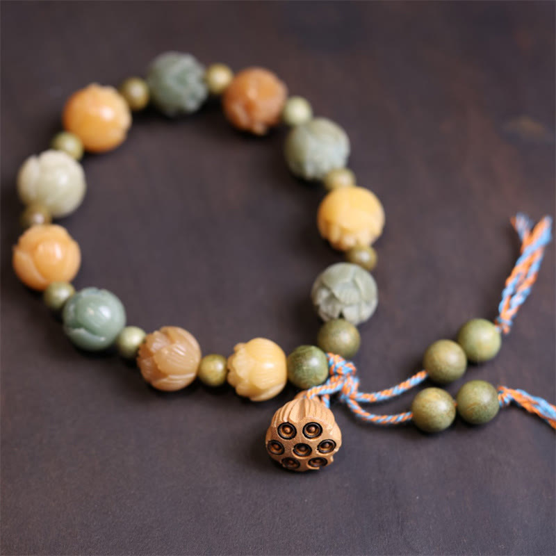 Pulsera de armonía de sabiduría de sándalo verde de loto con semillas de Bodhi de Buddha Stones