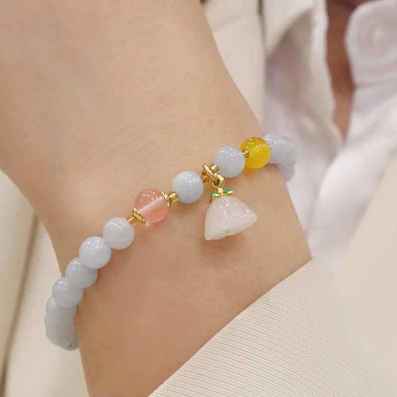 Pulsera con dije de gato, calabaza, conejo, calcedonia, aguamarina natural , Buddha Stones - Vaina de loto de calcedonia y aguamarina - image 8