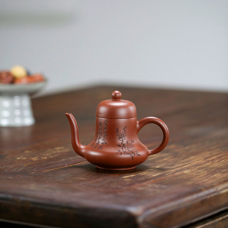 Tetera de kungfú de arcilla púrpura con flor de melocotón de bambú Vintage con Buddha Stones