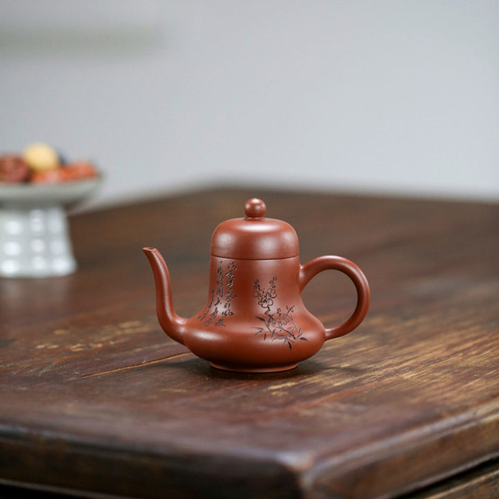 Tetera de kungfú de arcilla púrpura con flor de melocotón de bambú Vintage con Buddha Stones