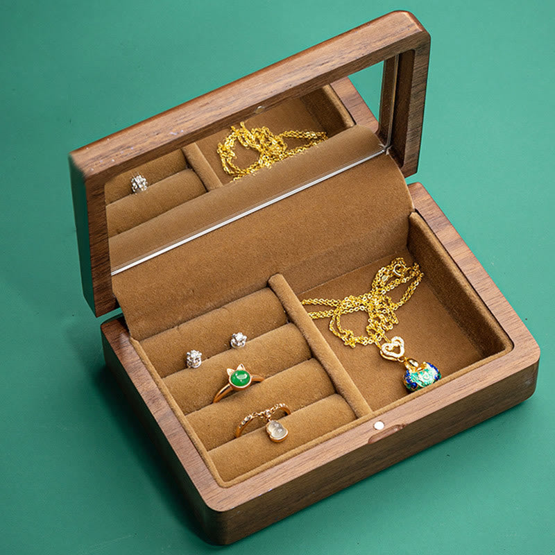 Caja de almacenamiento de joyería vintage hecha a mano de madera de nogal negro con espejo