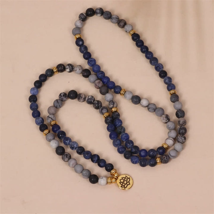Pulsera de fuerza de loto con Buddha Stones, 108 cuentas de Mala, sodalita, cebra, jaspe, cristal