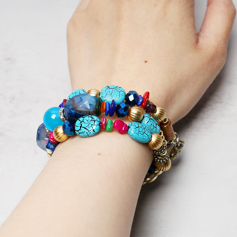 Pulsera de bendición con cuentas de ágata turquesa irregulares multicapa con Buddha Stones