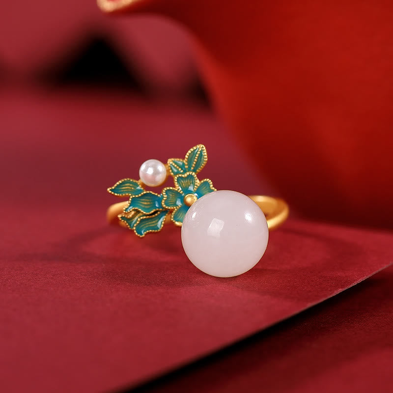Buddha Stones Jade blanco Plata de ley 925 Perla Flor Bendición Collar Colgante Anillo Pendientes