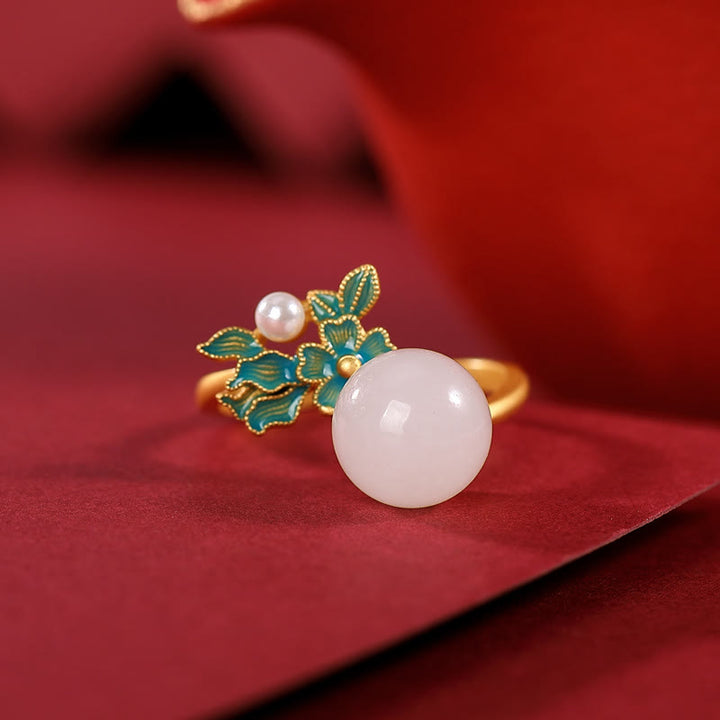 Buddha Stones Jade blanco Plata de ley 925 Perla Flor Bendición Collar Colgante Anillo Pendientes