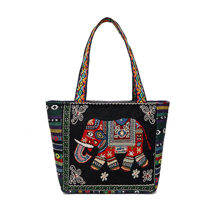 Bolso bandolera de lona de gran capacidad con bordado de mariposa y elefante