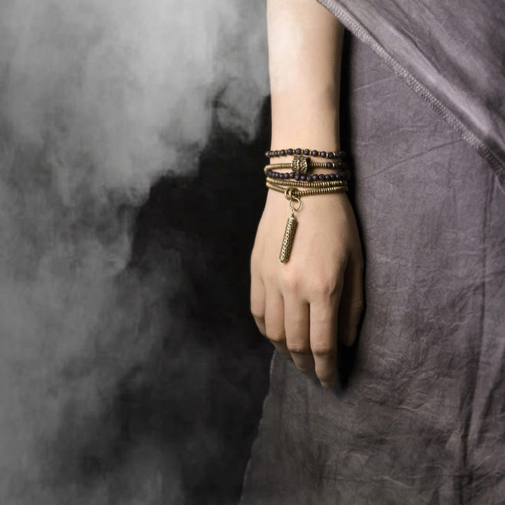 Pulsera multicapa curativa de cobre y roca de lava vintage con Buddha Stones
