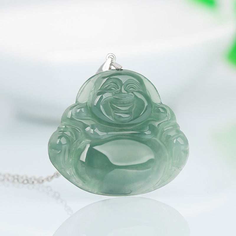 Buddha Stones de plata de ley 925 con colgante de cadena y collar de protección de jade de Buda sonriente - image 3