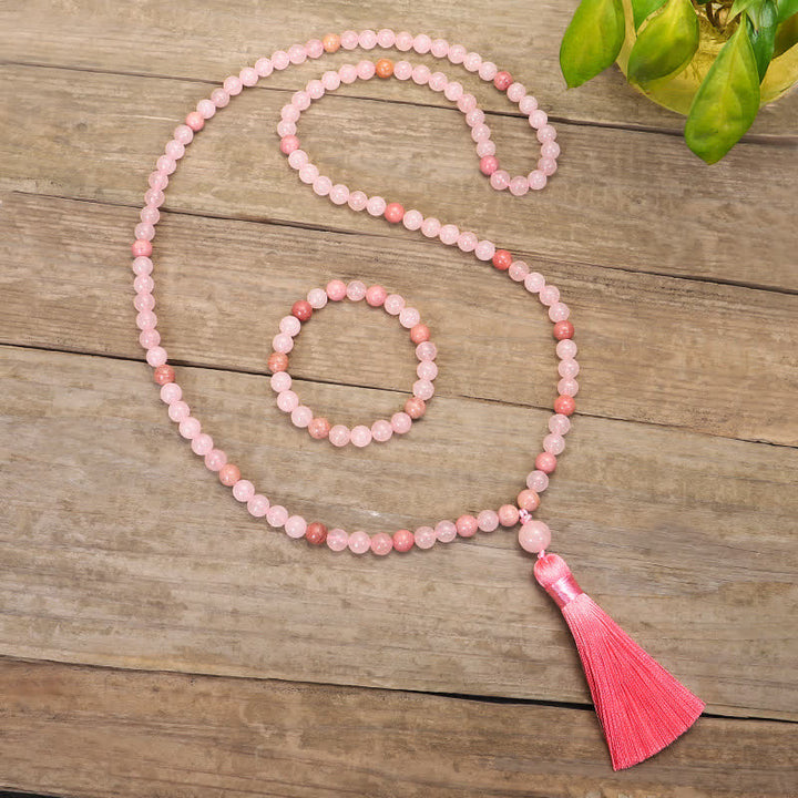 Pulsera con borlas de amor de cristal rosa de 108 cuentas Mala - image 2