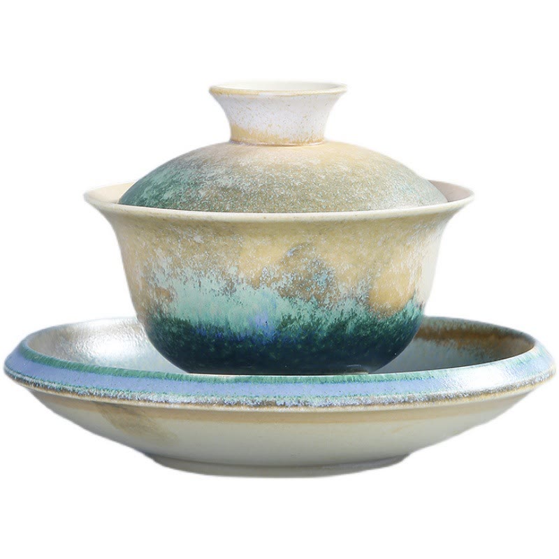 Taza de té y platillo de cerámica de porcelana con diseño de olas del océano, Buddha Stones , Gaiwan Sancai, Kung Fu, con tapa