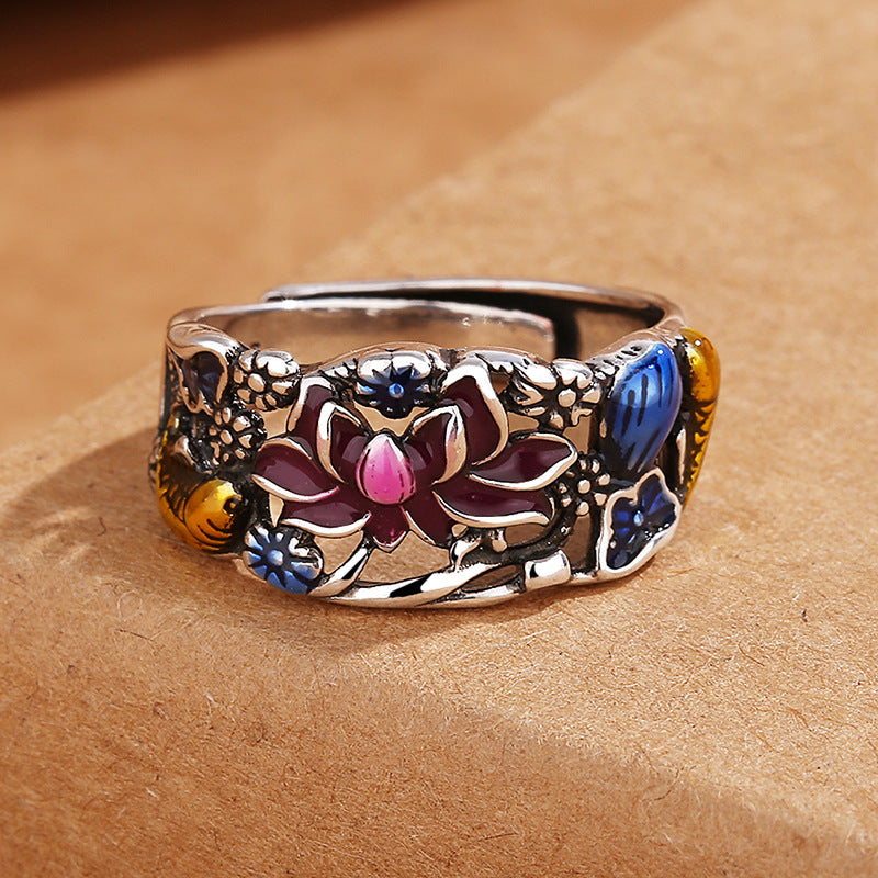 Anillo de riqueza de la suerte con diseño de hojas de flor de loto y peces Koi de Buddha Stones