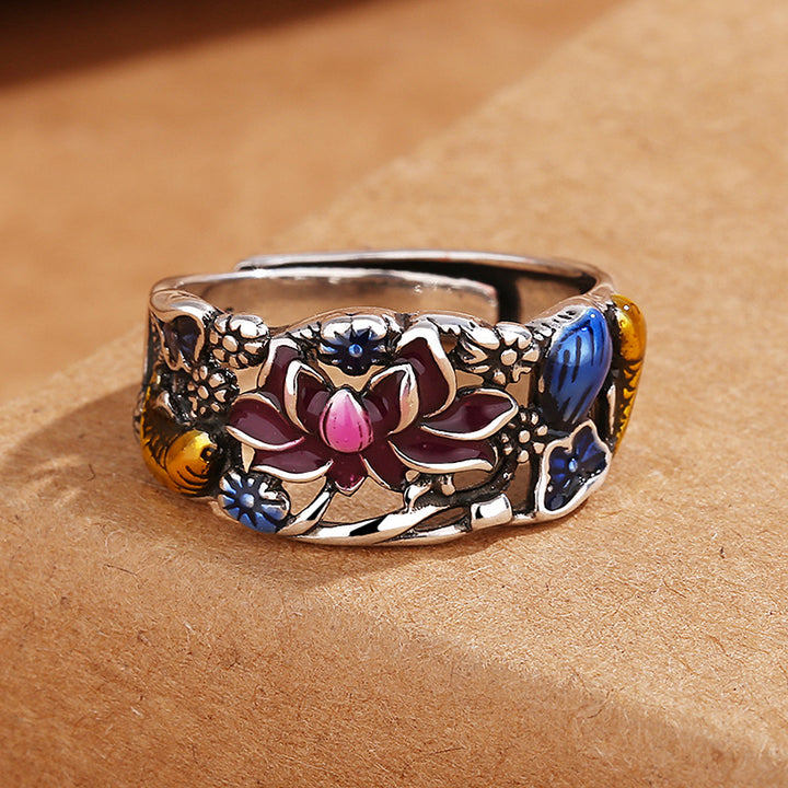 Anillo de riqueza de la suerte con diseño de hojas de flor de loto y peces Koi de Buddha Stones