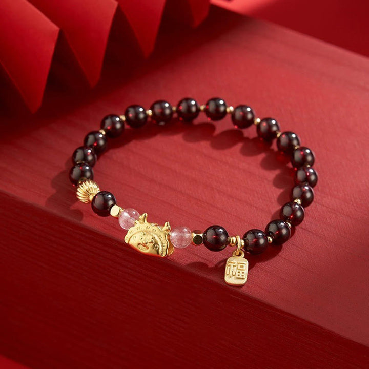 Buddha Stones Año del Dragón Dumpling Ágata Roja Natural Granate Hetian Jade Fu Personaje Suerte Éxito Pulsera