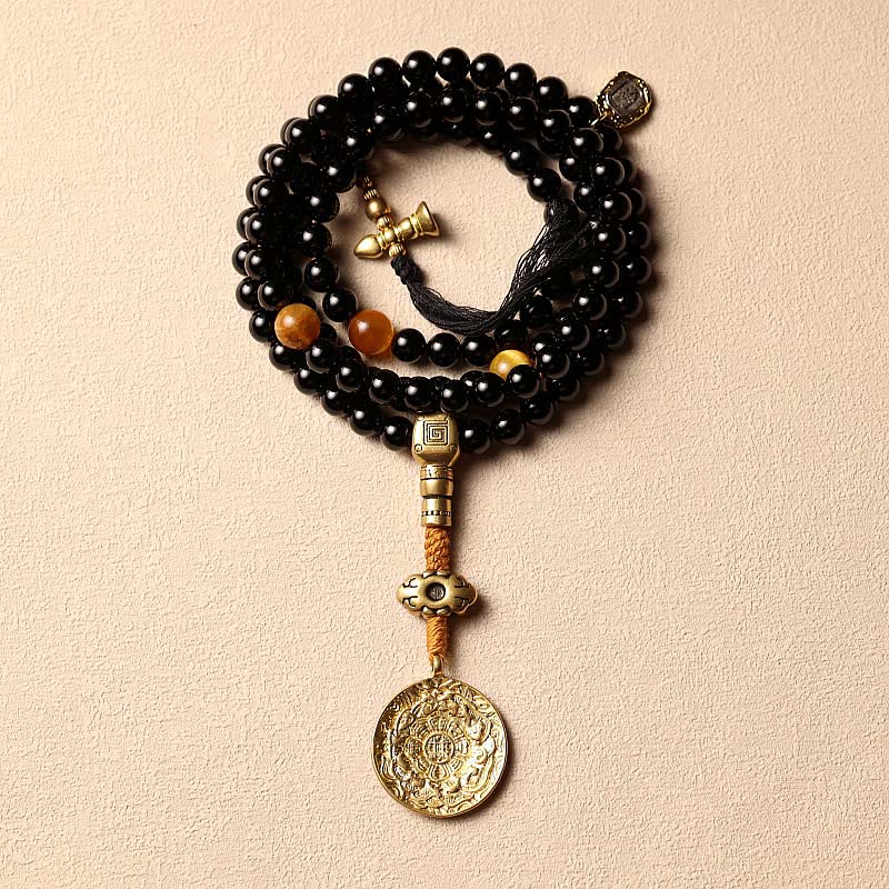 Buddha Stones tibetanas 108 cuentas de Mala ónix negro cuentas de ojo de tigre pulsera de protección Bagua de nueve palacios