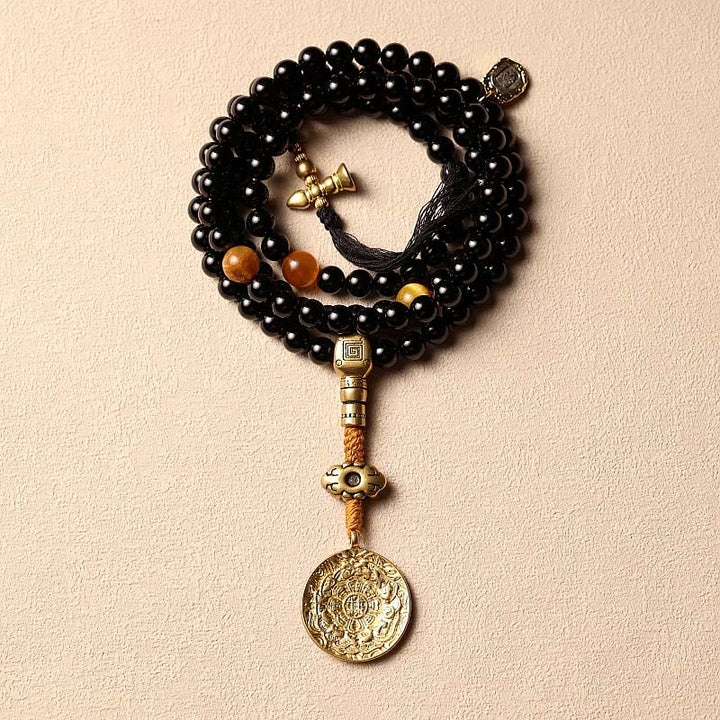 Buddha Stones tibetanas 108 cuentas de Mala ónix negro cuentas de ojo de tigre pulsera de protección Bagua de nueve palacios