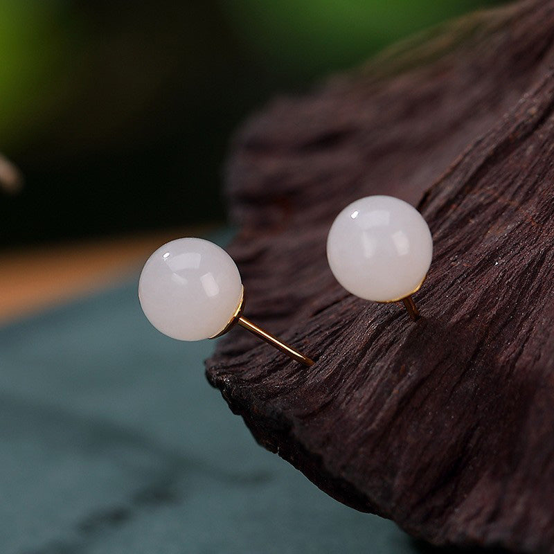 Pendientes de tuerca con bendición de jade blanco redondo de plata de ley 925 con Buddha Stones